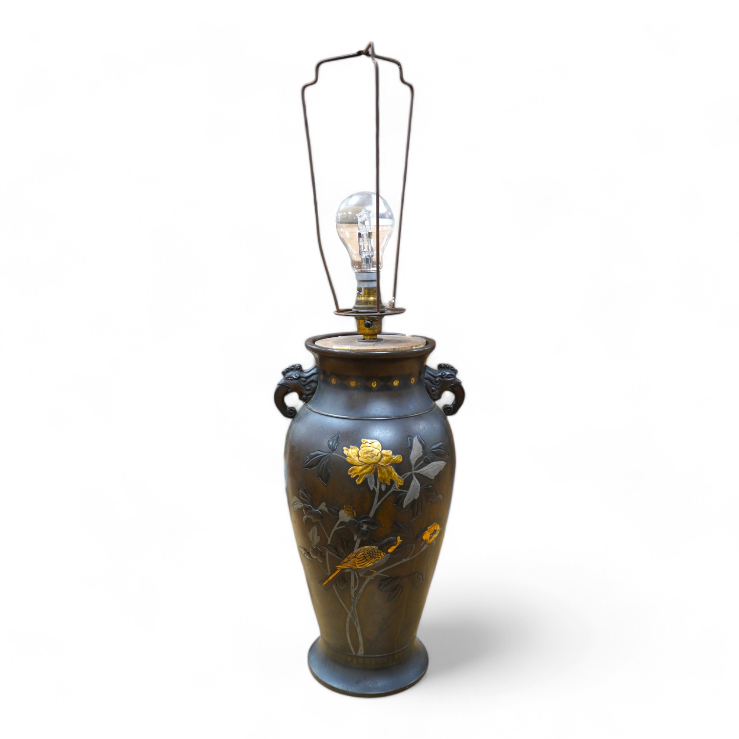 A Japanese bronze and precious metal overlaid vase, Meiji period fitted as a table lamp, 35.5cm high. Condition - drilled for cable, grubby otherwise good.